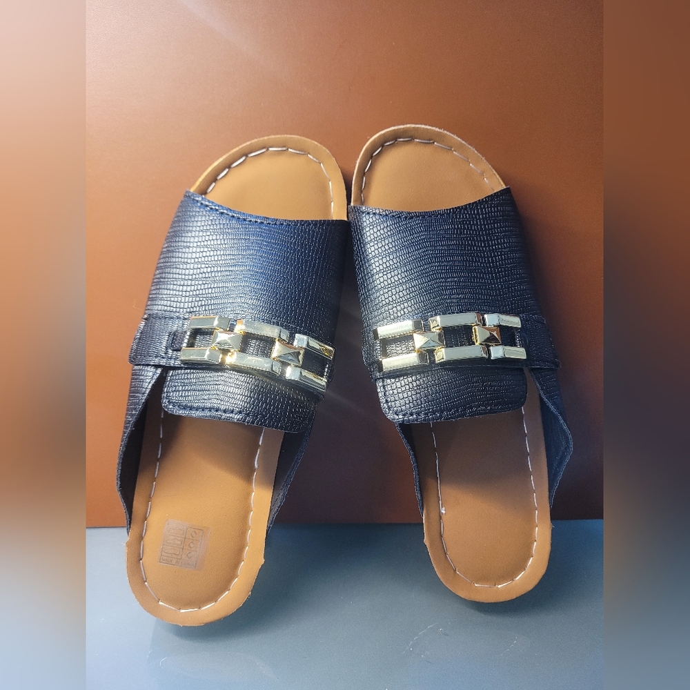 Elegant Black Slide Sandals with Gold Details